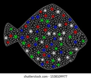 Bright mesh flounder fish with lightspot effect. White wire carcass polygonal mesh in vector format on a black background. Abstract 2d mesh designed with triangular lines, small circle,
