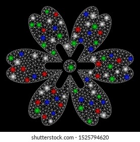 Bright mesh flower with glare effect. White wire carcass polygonal mesh in vector format on a black background. Abstract 2d mesh designed with triangular lines, points, colorful flash spots.