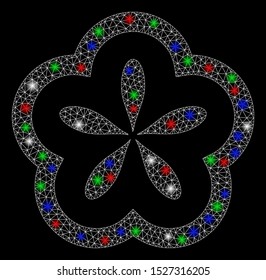 Bright mesh flower with glare effect. White wire frame triangular mesh in vector format on a black background. Abstract 2d mesh built from triangular lines, spheric points, colorful flash spots.