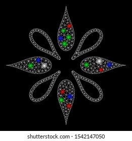Bright mesh flower with glare effect. White wire frame polygonal mesh in vector format on a black background. Abstract 2d mesh designed with triangles, dots, colored glare spots.