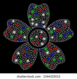 Bright mesh flower with glare effect. White wire carcass polygonal mesh in vector format on a black background. Abstract 2d mesh designed with polygonal grid, spheric points, colorful glare spots.