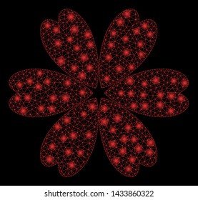 Bright mesh flower with glitter effect. Abstract illuminated model of flower icon. Shiny wire frame polygonal mesh flower. Vector abstraction on a black background.