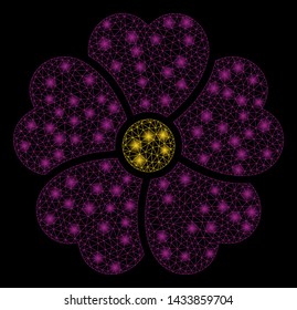 Bright mesh flower with glow effect. Abstract illuminated model of flower icon. Shiny wire frame triangular network flower. Vector abstraction on a black background.