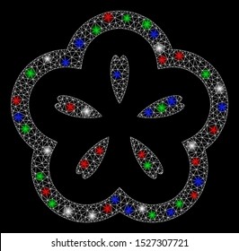 Bright mesh flower with glow effect. White wire carcass triangular mesh in vector format on a black background. Abstract 2d mesh created from triangular lines, small circle, colorful flash spots.