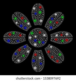 Bright mesh flower with glow effect. White wire frame triangular mesh in vector format on a black background. Abstract 2d mesh built from triangular lines, spheric points, colored flare spots.