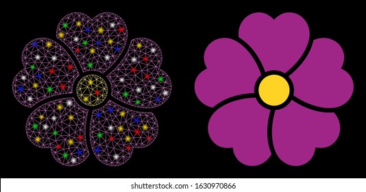 Bright mesh flower icon with lightspot effect. Abstract illuminated model of flower. Shiny wire carcass triangular mesh flower icon. Vector abstraction on a black background.