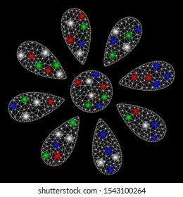 Bright mesh flower with lightspot effect. White wire carcass triangular mesh in vector format on a black background. Abstract 2d mesh created from triangular lines, dots, colored flare spots.