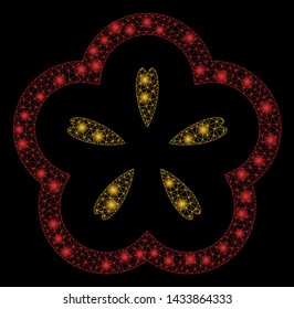 Bright mesh flower with sparkle effect. Abstract illuminated model of flower icon. Shiny wire carcass polygonal mesh flower. Vector abstraction on a black background.