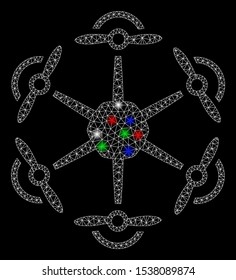 Bright mesh flying hexacopter with glow effect. White wire carcass polygonal mesh in vector format on a black background. Abstract 2d mesh designed with polygonal grid, dots, colorful light spots.