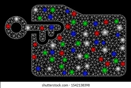 Bright mesh folder access key with lightspot effect. White wire frame triangular mesh in vector format on a black background. Abstract 2d mesh designed with triangular lines, points,