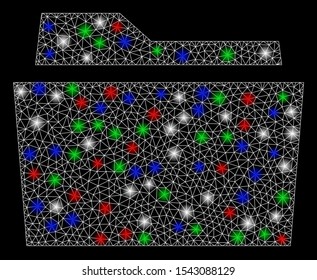 Bright mesh folder with glare effect. White wire carcass triangular mesh in vector format on a black background. Abstract 2d mesh designed with triangular lines, points, colorful flare spots.