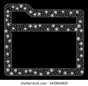 Bright mesh folder with glow effect. Abstract illuminated model of folder icon. Shiny wire carcass triangular mesh folder. Vector abstraction on a black background.