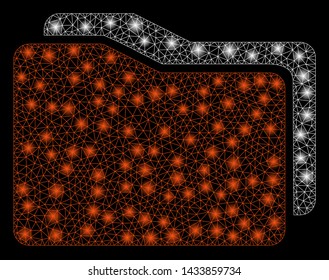 Bright mesh folders with glare effect. Abstract illuminated model of folders icon. Shiny wire frame polygonal mesh folders. Vector abstraction on a black background.