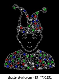 Bright mesh fool with glow effect. White wire carcass polygonal mesh in vector format on a black background. Abstract 2d mesh designed with polygonal grid, points, colorful flare spots.