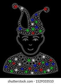 Bright mesh fool with lightspot effect. White wire carcass triangular mesh in vector format on a black background. Abstract 2d mesh designed with triangular lines, points, colored flare spots.