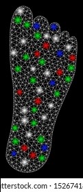 Bright mesh foot with glare effect. White wire carcass triangular mesh in vector format on a black background. Abstract 2d mesh created from triangular lines, points, colorful glare spots.