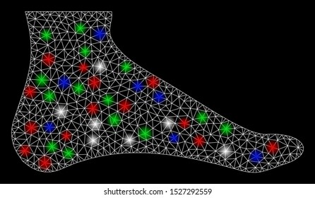 Bright mesh foot with glare effect. White wire frame triangular network in vector format on a black background. Abstract 2d mesh designed with triangular lines, dots, colorful glare spots.