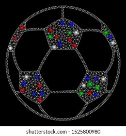 Bright mesh football ball with glare effect. White wire carcass polygonal network in vector format on a black background. Abstract 2d mesh designed with polygonal grid, round dots,