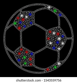 Bright mesh football ball with glare effect. White wire frame triangular mesh in vector format on a black background. Abstract 2d mesh created from triangles, small circle, colorful glare spots.
