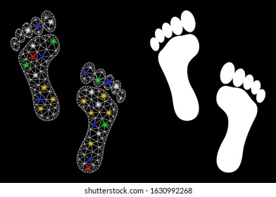 Bright mesh footprints icon with glare effect. Abstract illuminated model of footprints. Shiny wire carcass triangular network footprints icon. Vector abstraction on a black background.