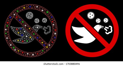Bright mesh forbidden bird flu with glitter effect. Abstract illuminated model of forbidden bird flu icon. White wire frame polygonal mesh forbidden bird flu and base icon.