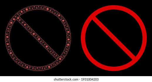 Bright mesh forbidden with glare effect. Abstract illuminated model based on forbidden icon. Shiny wire carcass triangular network forbidden. Vector abstraction on a black background.
