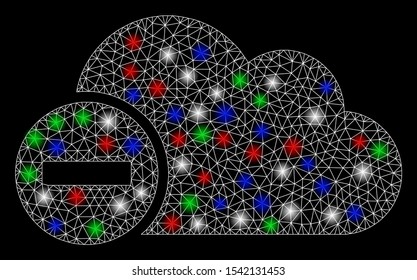 Bright mesh forbidden with glow effect. White wire frame polygonal mesh in vector format on a black background. Abstract 2d mesh designed with polygonal grid, points, colored flash spots.