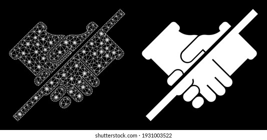 Bright mesh forbidden handshake with glare effect. Abstract illuminated model based on forbidden handshake icon. Shiny wire carcass polygonal network forbidden handshake.
