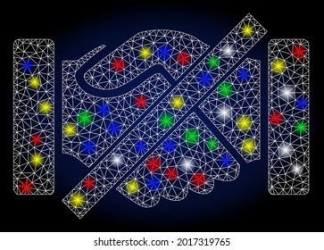 Bright mesh forbidden handshakes with constellation effect. Abstract illuminated vector model of forbidden handshakes icon on a dark blue gradiented background.