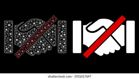 Bright mesh forbidden handshakes with glare effect. Abstract illuminated model based on forbidden handshakes icon. Shiny wire frame polygonal mesh forbidden handshakes.