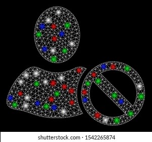 Bright mesh forbidden with lightspot effect. White wire frame triangular mesh in vector format on a black background. Abstract 2d mesh built from triangular lines, small circle, colorful flash spots.