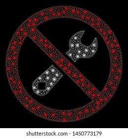 Bright mesh forbidden repair with sparkle effect. Abstract illuminated model of forbidden repair icon. Shiny wire frame polygonal mesh forbidden repair. Vector abstraction on a black background.