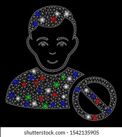 Bright mesh forbidden user with glare effect. White wire carcass triangular mesh in vector format on a black background. Abstract 2d mesh designed with triangular lines, round dots,