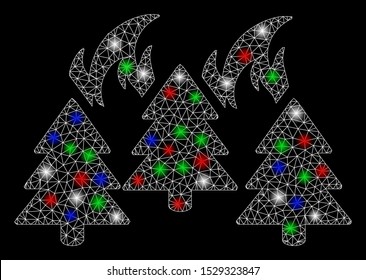Bright mesh forest fire disaster with lightspot effect. White wire carcass triangular mesh in vector format on a black background. Abstract 2d mesh designed with triangular lines, dots,