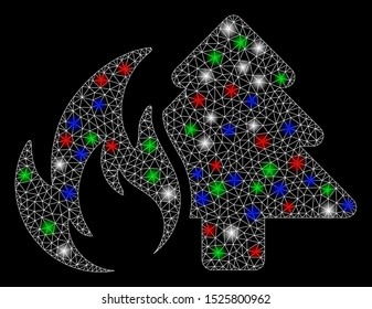 Bright mesh forest fire with glare effect. White wire frame triangular mesh in vector format on a black background. Abstract 2d mesh created from triangular lines, points, colored glare spots.