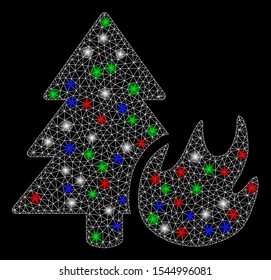 Bright mesh forest fire with glare effect. White wire carcass polygonal network in vector format on a black background. Abstract 2d mesh designed with triangular lines, round dots,