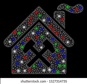 Bright mesh forge building with glow effect. White wire frame triangular mesh in vector format on a black background. Abstract 2d mesh designed with triangles, dots, colorful flash spots.