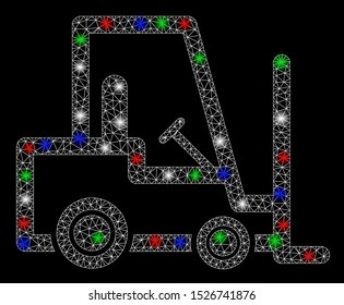 Bright mesh fork lift truck with glare effect. White wire carcass polygonal mesh in vector format on a black background. Abstract 2d mesh designed with polygonal grid, spheric points,