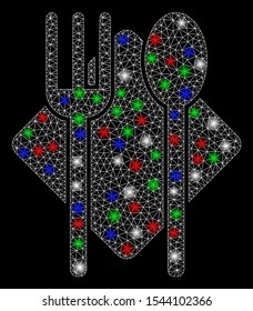 Bright mesh fork and spoon with glare effect. White wire carcass polygonal mesh in vector format on a black background. Abstract 2d mesh designed with triangular lines, dots, colorful glare spots.