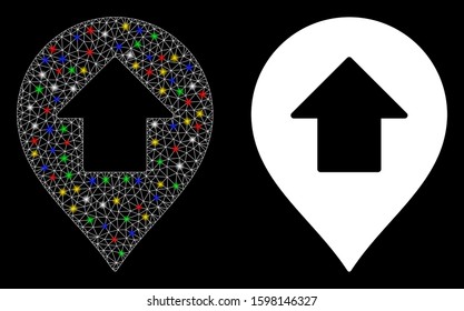 Bright mesh forward up arrow marker icon with glow effect. Abstract illuminated model of forward up arrow marker. Shiny wire frame polygonal mesh forward up arrow marker icon.