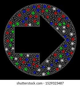 Bright mesh forward with glare effect. White wire carcass polygonal mesh in vector format on a black background. Abstract 2d mesh designed with polygonal grid, points, colorful glare spots.