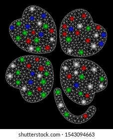 Bright mesh four-leafed clover with glow effect. White wire frame triangular network in vector format on a black background. Abstract 2d mesh designed with triangular lines, dots, colored light spots.