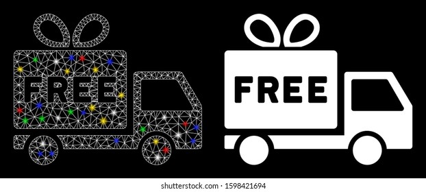 Bright mesh free shipment icon with glare effect. Abstract illuminated model of free shipment. Shiny wire frame triangular mesh free shipment icon. Vector abstraction on a black background.