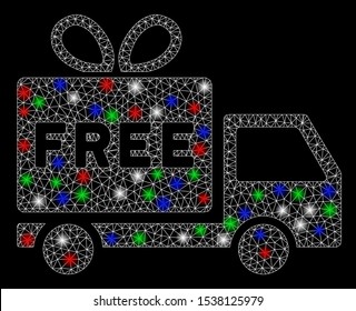Bright mesh free shipment with lightspot effect. White wire frame polygonal mesh in vector format on a black background. Abstract 2d mesh built from polygonal grid, dots, colorful flash spots.