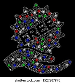 Bright mesh free sticker hand with glare effect. White wire frame triangular mesh in vector format on a black background. Abstract 2d mesh created from polygonal grid, points, colored glare spots.