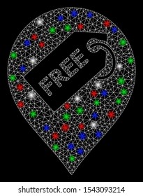 Bright mesh free tag marker with glare effect. White wire frame polygonal mesh in vector format on a black background. Abstract 2d mesh designed with polygonal grid, small circle,