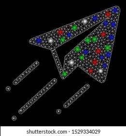Bright mesh freelance flight with lightspot effect. White wire carcass polygonal mesh in vector format on a black background. Abstract 2d mesh designed with triangles, spheric points,