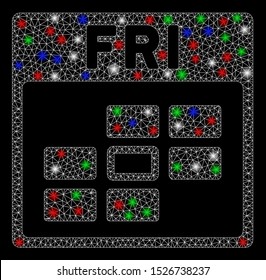 Bright mesh Friday calendar grid with glare effect. White wire carcass polygonal mesh in vector format on a black background. Abstract 2d mesh built from polygonal grid, round dots,