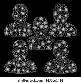 Bright mesh friends crowd with glare effect. Abstract illuminated model of friends crowd icon. Shiny wire frame polygonal mesh friends crowd. Vector abstraction on a black background.
