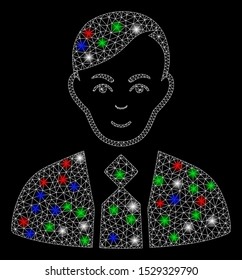 Bright mesh fuhrer with glow effect. White wire frame triangular mesh in vector format on a black background. Abstract 2d mesh designed with triangular lines, round dots, colored flash spots.